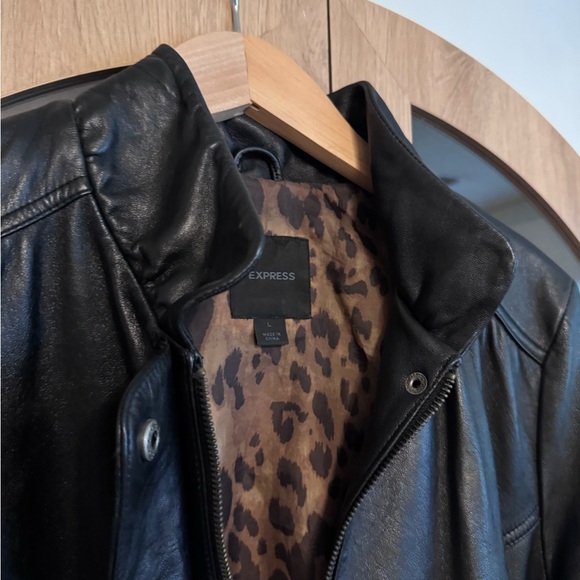Express Jackets & Blazers - Express Black Genuine Leather Moto Jacket Women Large Leopard Lining Biker